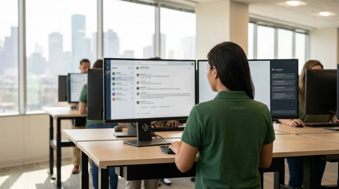 Customer support agent working a ticket alongside an AI copilot side-panel on a dual-monitor setup in a Houston support operations floor