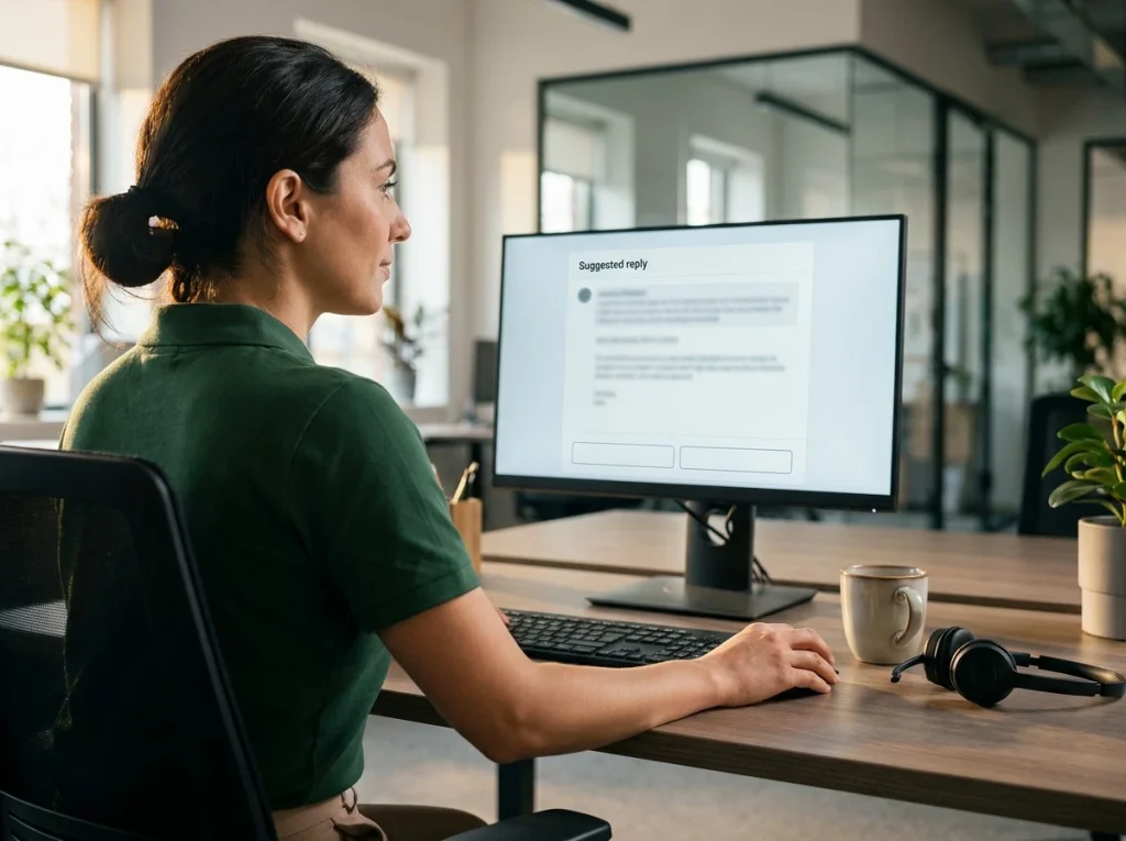Support agent editing an AI copilot-drafted reply before sending, keeping the human in control