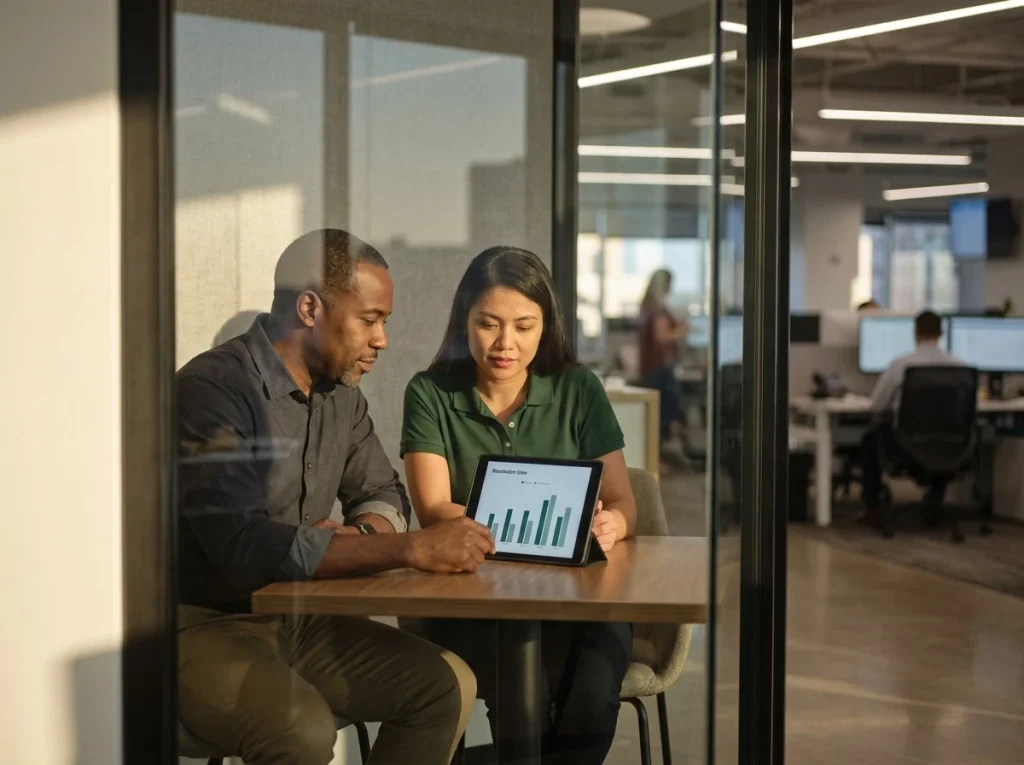 Support team lead coaching an agent using an AI copilot performance comparison on a tablet in a Houston huddle room