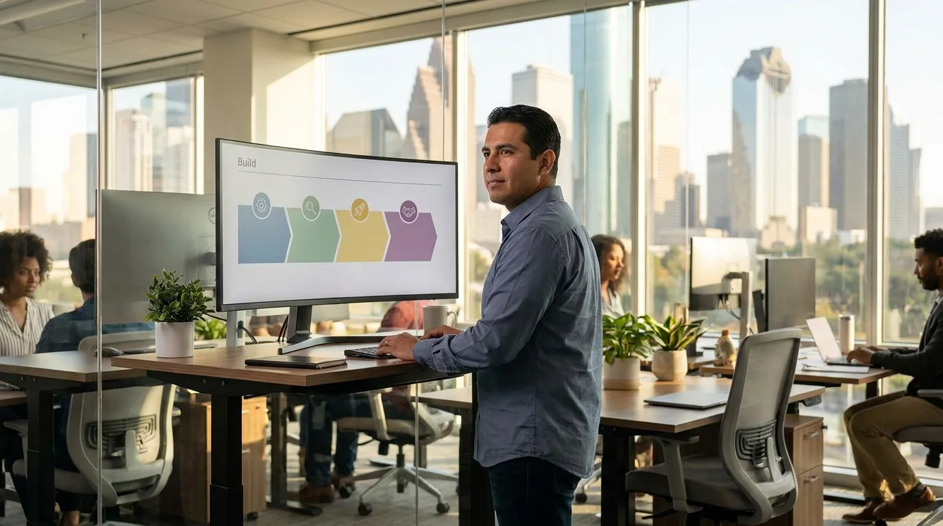 Operations manager reviewing a four-stage custom chatbot build diagram on a large monitor in a Houston operations room