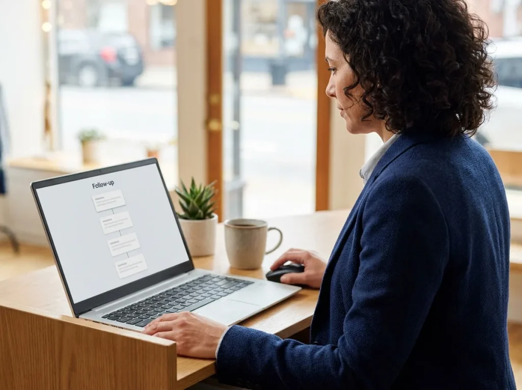 Small-business owner reviewing an automated follow-up sequence on a laptop at her front desk