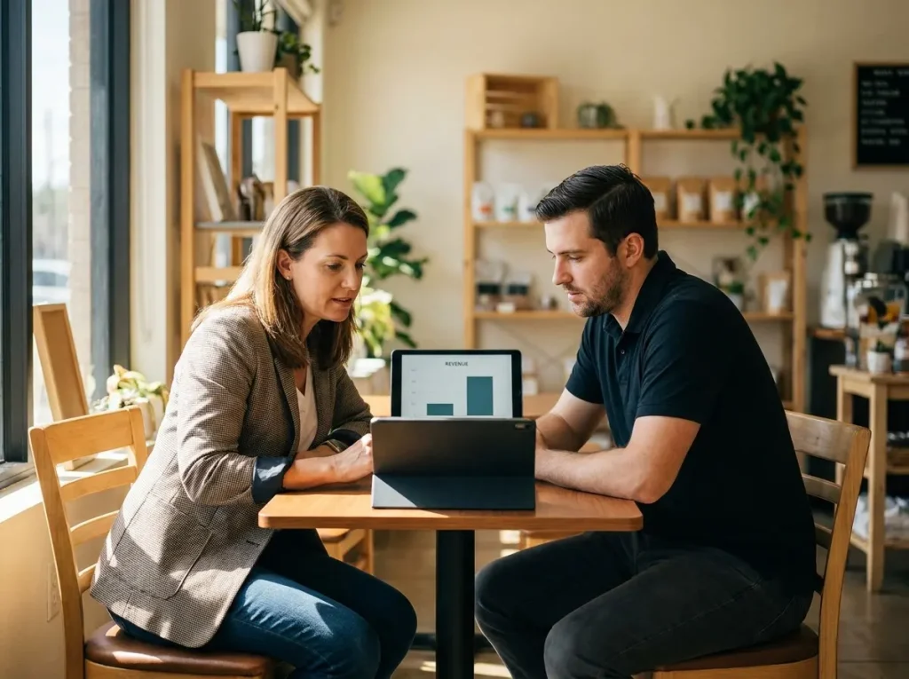 Small-business owner and employee reviewing a two-period revenue comparison on a tablet inside a Houston boutique business
