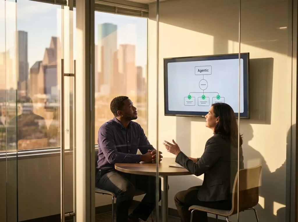 Conversation-design lead and product leader reviewing an agentic conversation-to-action diagram on a wall display in a Houston huddle room