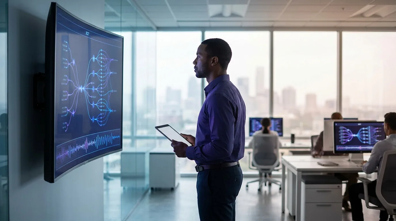 Conversation-design lead reviewing a forward-looking conversational-AI flow diagram with a voice waveform on a large monitor in a Houston operations space