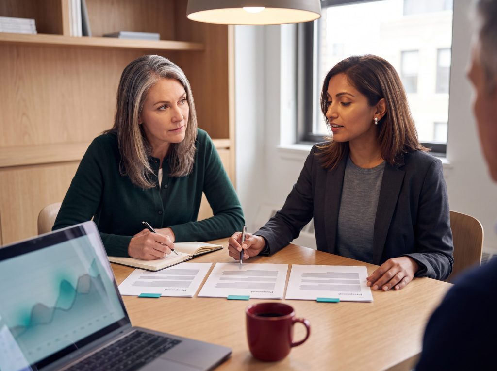 AI consultant comparing three AI consulting proposals with an operations director during a pricing review meeting