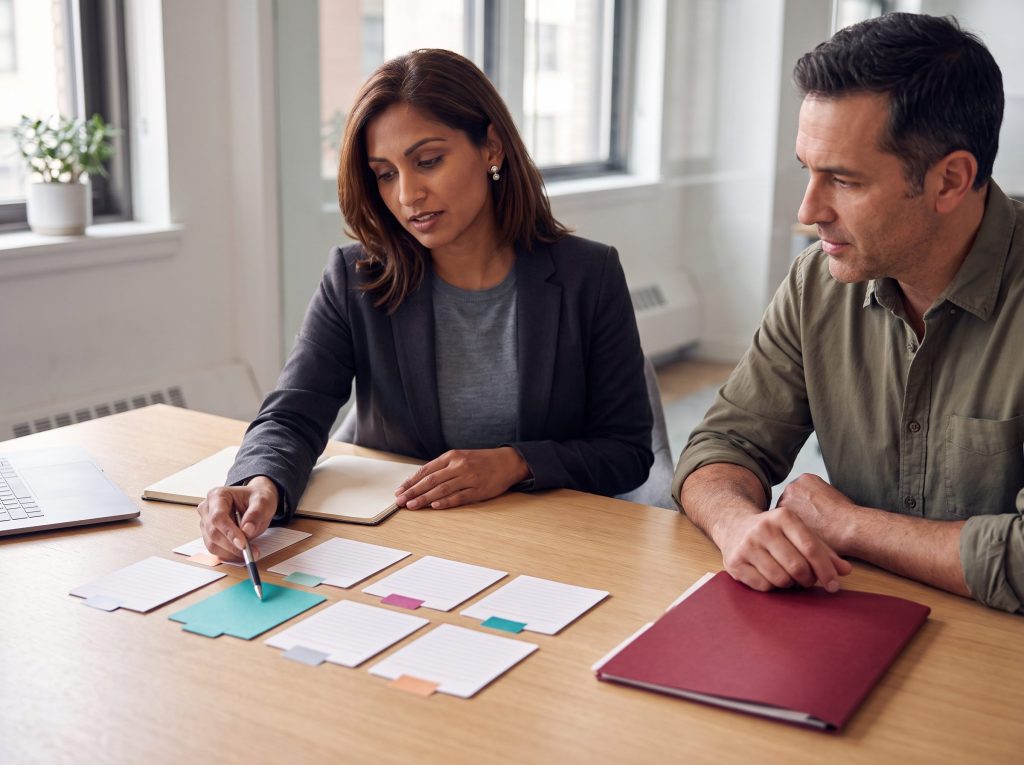 AI consultant walking a business owner through eight AI consulting service cards laid out on an office table