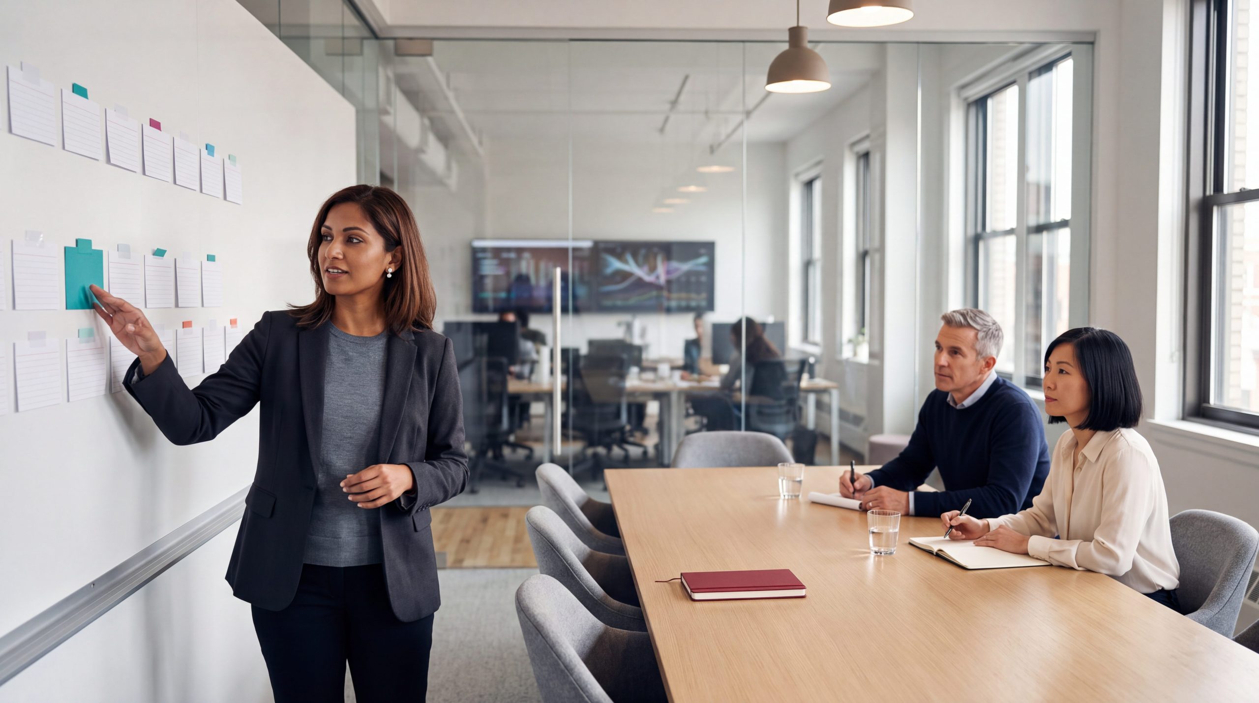 AI consultant presenting a sequenced service map on a wall board to two business executives in a glass conference room