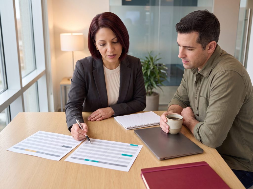 Franchise marketing director and franchise owner reviewing two printed decision-rights sheets for franchise SEO ownership