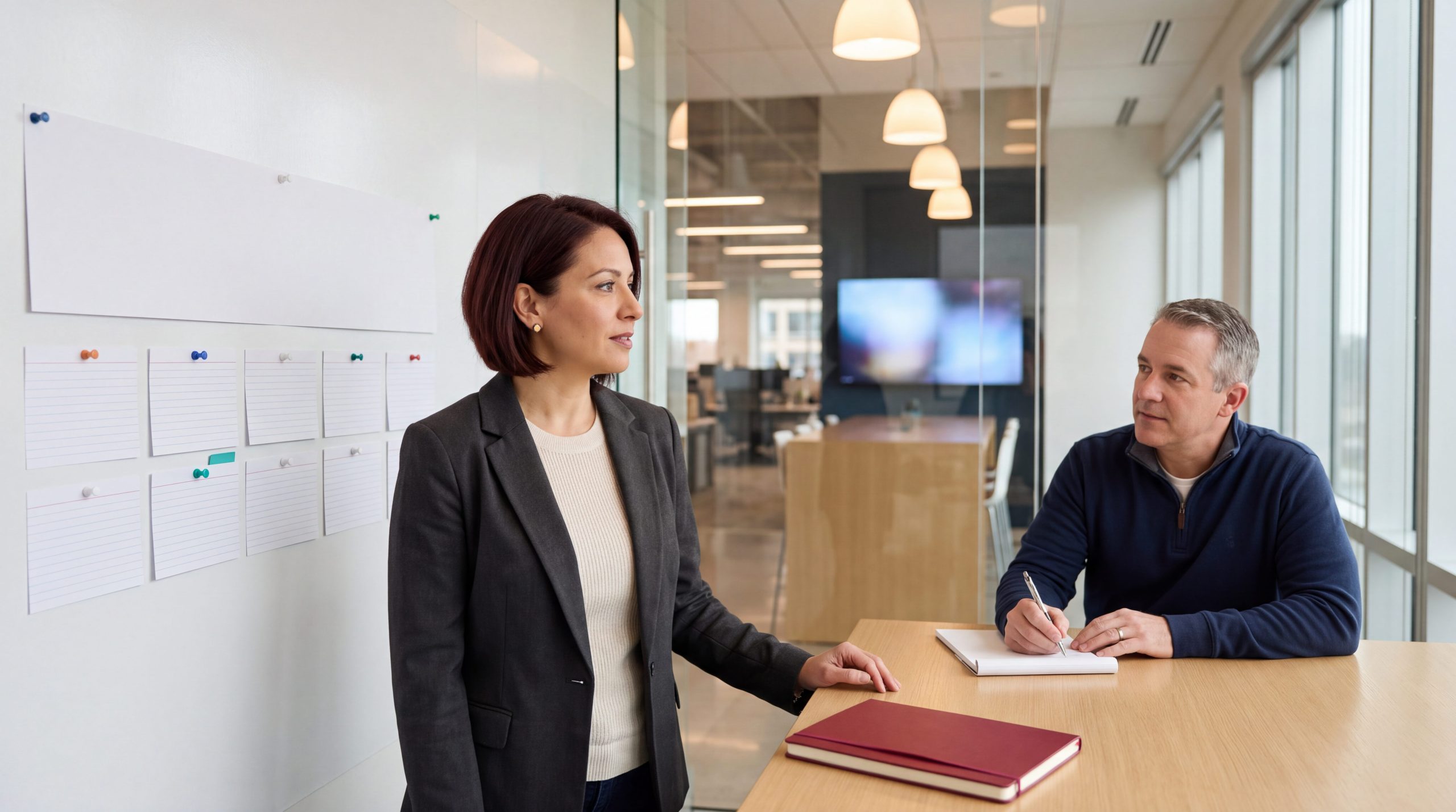 Franchise marketing director at a wall board showing a brand layer above many local unit cards while a franchise owner takes notes