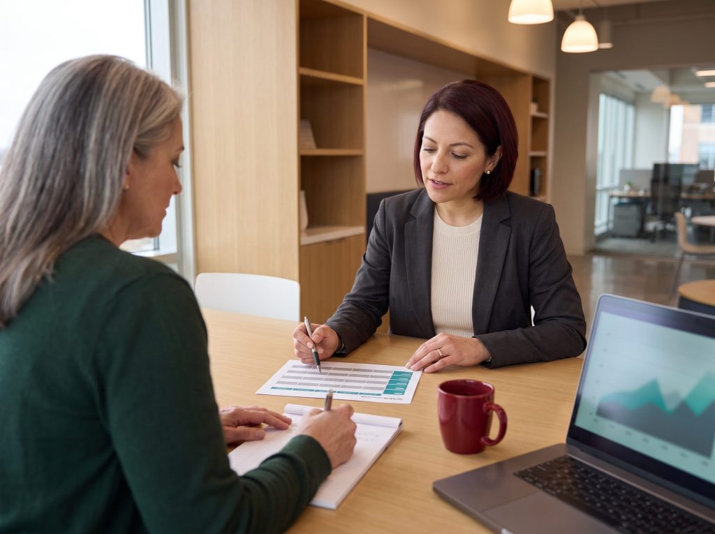 Franchise marketing director walking a multi-unit operator through a printed per-location franchise SEO scorecard