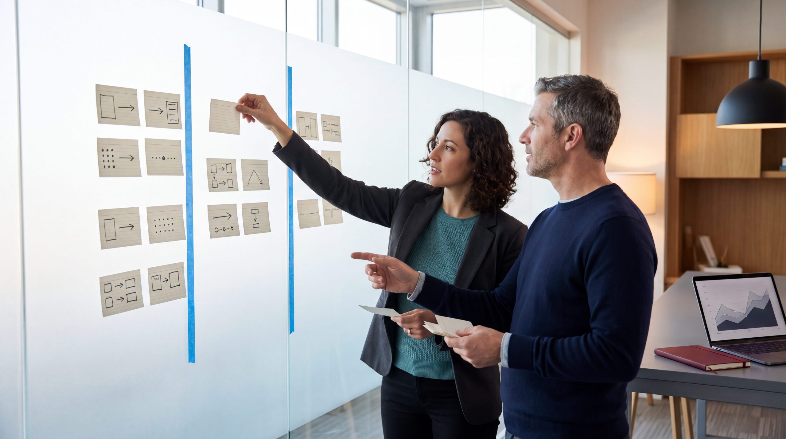 GEO implementation planning session mapping a 90-day generative engine optimization roadmap on a glass wall