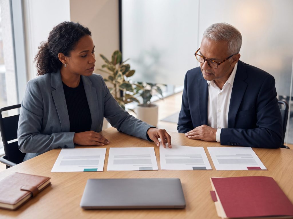 Marketing director and M&A advisory partner reviewing four seller-journey stage sheets for search-led deal flow