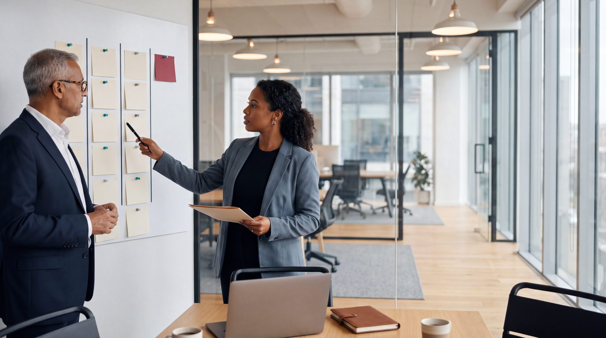 M&A advisory managing partner and marketing director mapping seller-journey stages on a wall board for lead generation